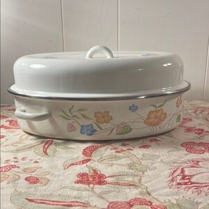 JMP Vtg Sweet Flowers Blue Pink Enamel Cover Cookware Roasting Pan